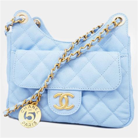 Chanel Light Blue Quilted Caviar Small Wavy CC Hobo Bag .